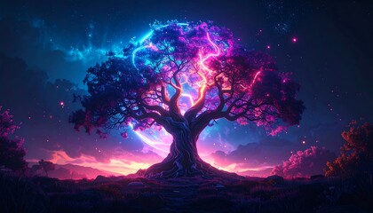 A large, ancient tree stands amidst a vibrant, colorful night sky, illuminated by glowing, neon lights and celestial bodies, evoking a sense of wonder and magic.