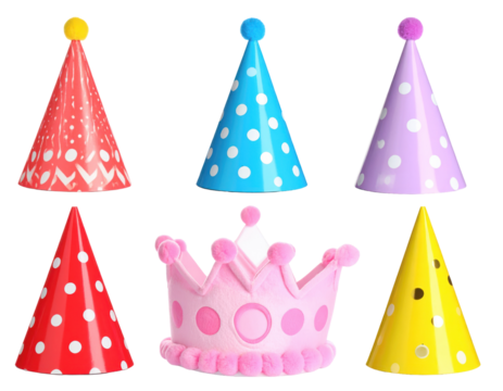 Collection of Festive Party Hats and Crown in Various Colors with Polka Dots on Transparent Background