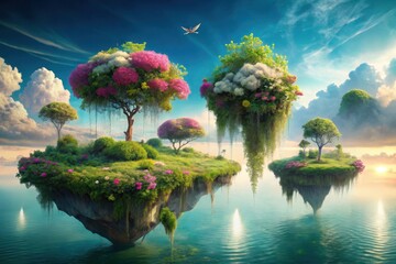 Serene Floating Islands with Lush Vegetation and Blooming Trees in a Dreamlike Seascape