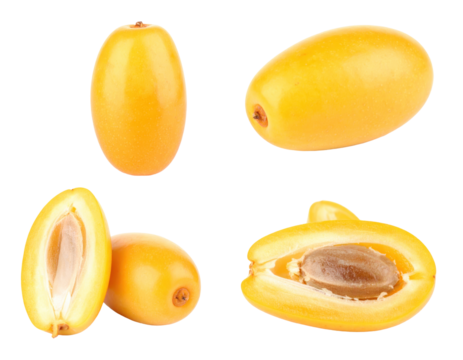 Multiple Dates Displayed With Varying Angles and Cuts Showing Seed Structure Against Transparent Background