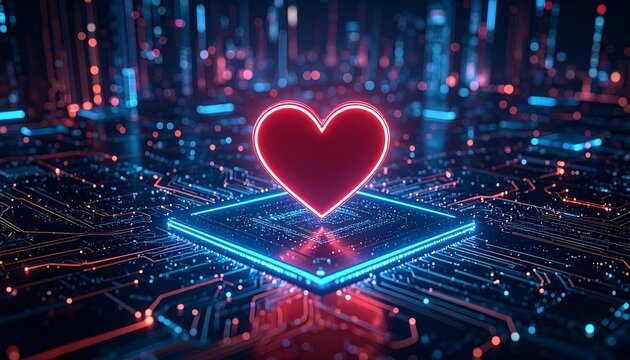 A glowing heart icon rests atop a complex circuit board, bathed in vibrant neon colors.