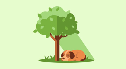 Cozy Nap Under the Shade: A charming cartoon captures a tranquil scene of a small, peaceful dog resting soundly in the cool shadow cast by a leafy tree on a summer afternoon. 