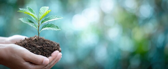 Hands are gently holding a young plant growing in rich soil, symbolizing environmental conservation and sustainable growth