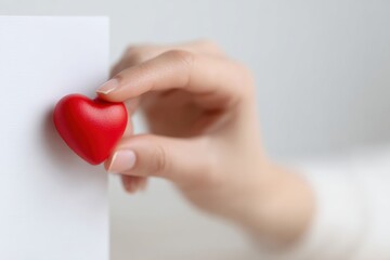 Fototapeta premium Woman's hand holding a small red heart next to a blank white card, representing love, affection, Valentine's Day, or healthcare