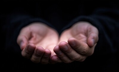 Two open hands held together as if receiving or giving something, against a dark background, creating a powerful image of hope, charity, or offering