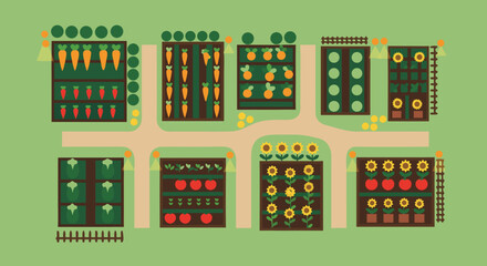 Garden's Bounty: An overhead illustration showcasing a vibrant garden, arranged with meticulously planted rows of vegetables and sunflowers, illustrating the beauty of nature's yield.
