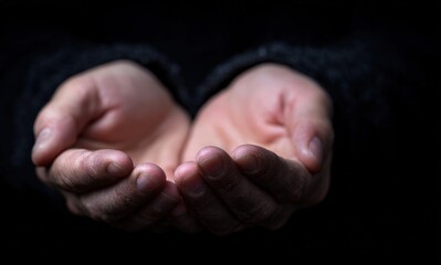 Close up of worker's hands, dirty and with palms up, against a dark background, conveying a sense of offering, requesting, or displaying