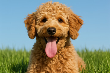 Happy golden doodle dog with curly fur sitting on green grass, tongue out, enjoying sunny outdoor summer day