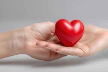 Obraz premium Offering a vibrant red heart, a woman's hand conveys messages of love, care, and the spirit of donation, representing compassion and connection