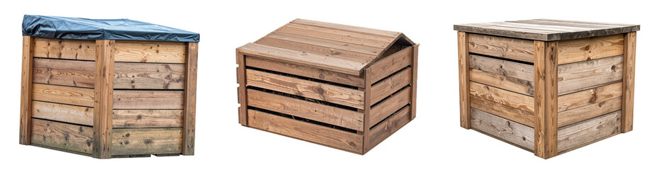 Three Wooden Storage Boxes Displayed Against Transparent Background