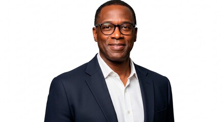 A portrait of a smiling man wearing a suit and glasses against a plain white studio background looking ahead