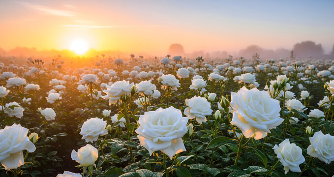 Un extenso campo de rosas blancas cubierto de roc&iacute;o se ilumina con la luz dorada y suave del amanecer, con una ligera niebla en el horizonte.
