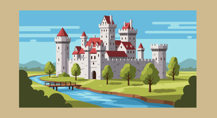 Naklejka premium Castle Amidst Serenity: A magnificent stone castle, surrounded by verdant fields and a flowing river, stands as a testament to architectural grandeur. 