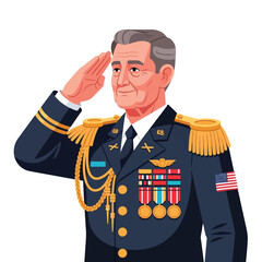 A distinguished senior American military officer in a highly decorated formal dress uniform gives a respectful salute.