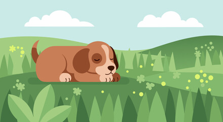 Dreamy Daydreamer: A tranquil pup enjoys a peaceful nap amidst a vibrant outdoor scene, capturing the essence of serenity and simple joys.