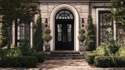 Elegant home's entrance; arched black double door, stone steps, flanking topiaries, and manicured landscaping