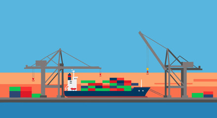 Fototapeta premium Global Trade Hub: A vibrant illustration showcases the seamless flow of international trade, with a cargo ship laden with colorful shipping containers being efficiently loaded at a bustling port. 