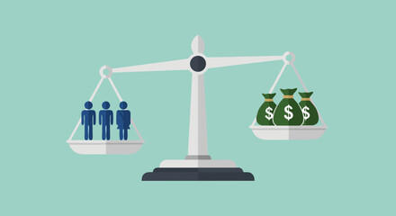 Economic Equity: A symbolic representation of social fairness. Depicting the core concept of income inequality using scales balanced between human figures and bags of money.