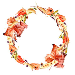 autumn leaves frame. Watercolor.
Wreath of autumn leaves. Seeds and tree leaves. Isolated on white background. The composition can be used for autumn designs of stickers, cards, invitations. Wedding .