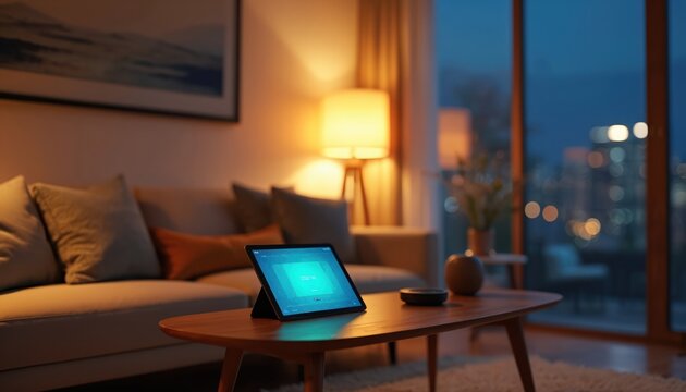 Modern smart home control tablet on coffee table in cosy living room. Evening ambience, soft lamp light, sofa, city skyline view. Home automation technology, digital interface for comfort, - Powered by Adobe