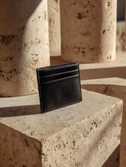 Sleek black pebbled leather card holder with fine stitching and multiple card slots.