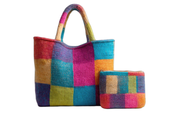 Colorful knitted tote bag and small pouch