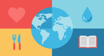 World's Essentials: An elegant illustration of a globe at the heart, surrounded by essential symbols symbolizing vital components needed for the world's survival, peace and happiness.