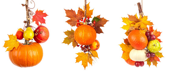 Arrangement Of Autumn Harvest Fruits And Vegetables With Pumpkins And Colorful Leaves On Transparent Background