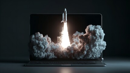 Rocket Launch on Laptop Screen: A Conceptual Depiction of Innovation, Technology, and Digital Exploration Era