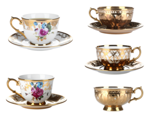 Elegant Porcelain Tea Cups And Saucers With Golden Embellishments On Transparent Background
