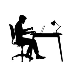 Silhouette of a man working at desk with laptop vector illustration