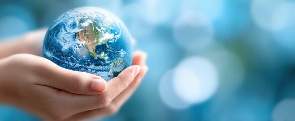 Hands gently cradle planet Earth against a blurred blue background, symbolizing environmental awareness and conservation efforts