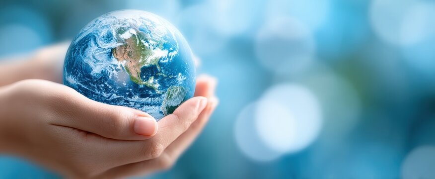 Hands gently cradle planet Earth against a blurred blue background, symbolizing environmental awareness and conservation efforts