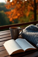 Open book and coffee cup resting on wooden table with warm sweater during fall season, creating cozy atmosphere