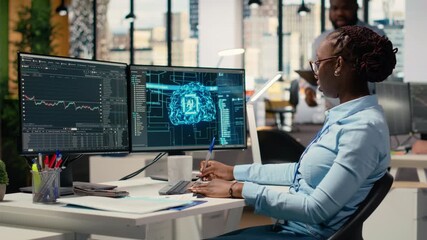 Prop firm staff members using artificial intelligence tech to ensure smooth trading operations. Team of traders in office using AI chatbot to analyze stock market portfolio positions, camera B - Powered by Adobe