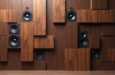 Fototapeta premium Modern wood panel wall featuring integrated black speakers, creating stylish geometric pattern. Three-dimensional interior design rich brown wooden textures, ideal for home audio systems, music