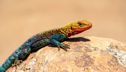 Naklejka premium A vibrant lizard, showcasing a striking blend of yellow, blue, and orange hues, rests atop a textured rock.