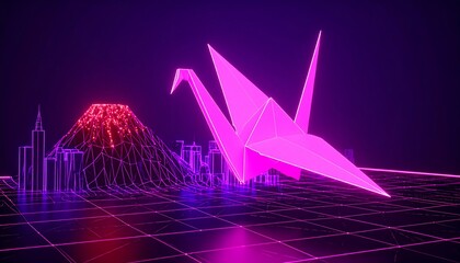 Neon origami crane over futuristic cityscape
