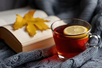 Warm autumn scene featuring a steaming cup of tea, an inviting book, and a vibrant yellow leaf resting on a cozy grey sweater