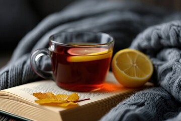 Steaming tea with lemon slice, open book, autumn leaves and warm sweater create cozy autumn atmosphere
