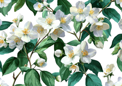 A detailed illustration of white jasmine flowers and leaves, with a repeating pattern