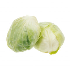 Fototapeta premium Two heads of cabbage with vibrant green leaves on transparent background