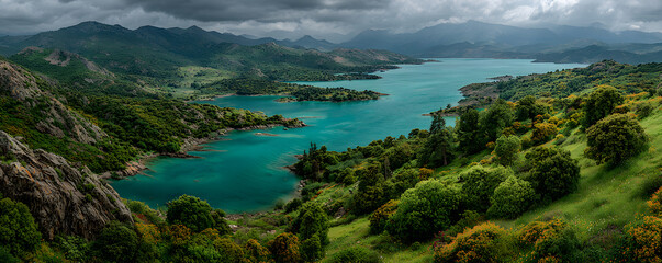 Breathtaking panoramic view shows green hills bordering turquoise lake waters under cloudy sky. Island landscape features vibrant vegetation, serene bays, distant coastline, evoking natural beauty,