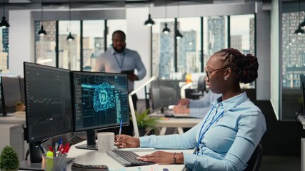 Prop firm staff members using artificial intelligence tech to ensure smooth trading operations. Team of traders in office using AI chatbot to analyze stock market portfolio positions, camera A - Powered by Adobe