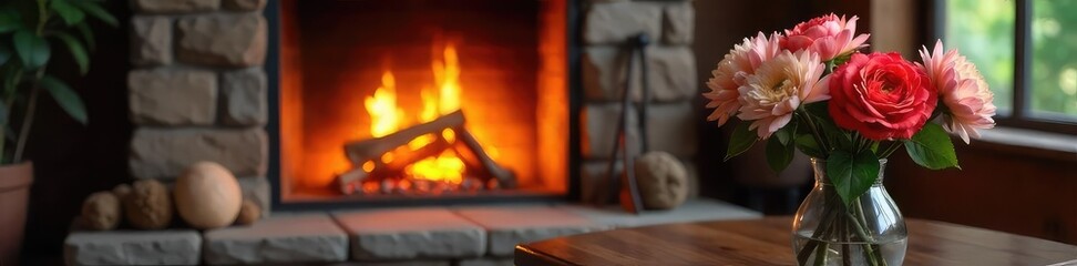 A crackling fireplace with freshly cut flowers in a vase nearby, emitting a warm, inviting glow The scene evokes a feeling of cozy revitalization , bright, light
