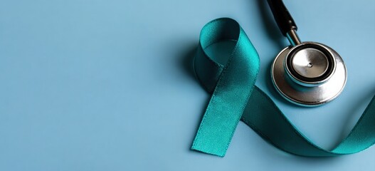 Stethoscope and teal awareness ribbon lying on light blue background, representing fight against cervical cancer and other gynecological cancers