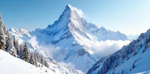 Majestic Snow-Capped Mountain Peak Breathtaking Winter Landscape View, Pristine White Snow Blanketing Rugged Terrain, Perfect for Travel and Nature Projects