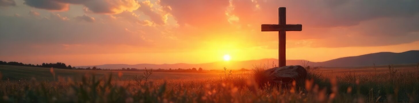 Sunrise Illuminates Rustic Wooden Cross Peaceful Easter Hope and Faith