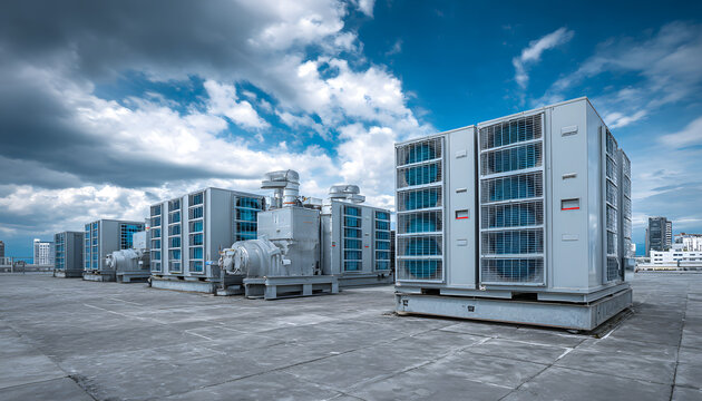 Air conditioning units on modern building rooftop under cloudy blue sky. Industrial cooling systems feature ventilation, compressor technology, essential for climate control in urban, commercial