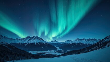 Majestic aurora borealis dances across a snowy mountain range, painting the night sky with vibrant hues of teal and emerald green.